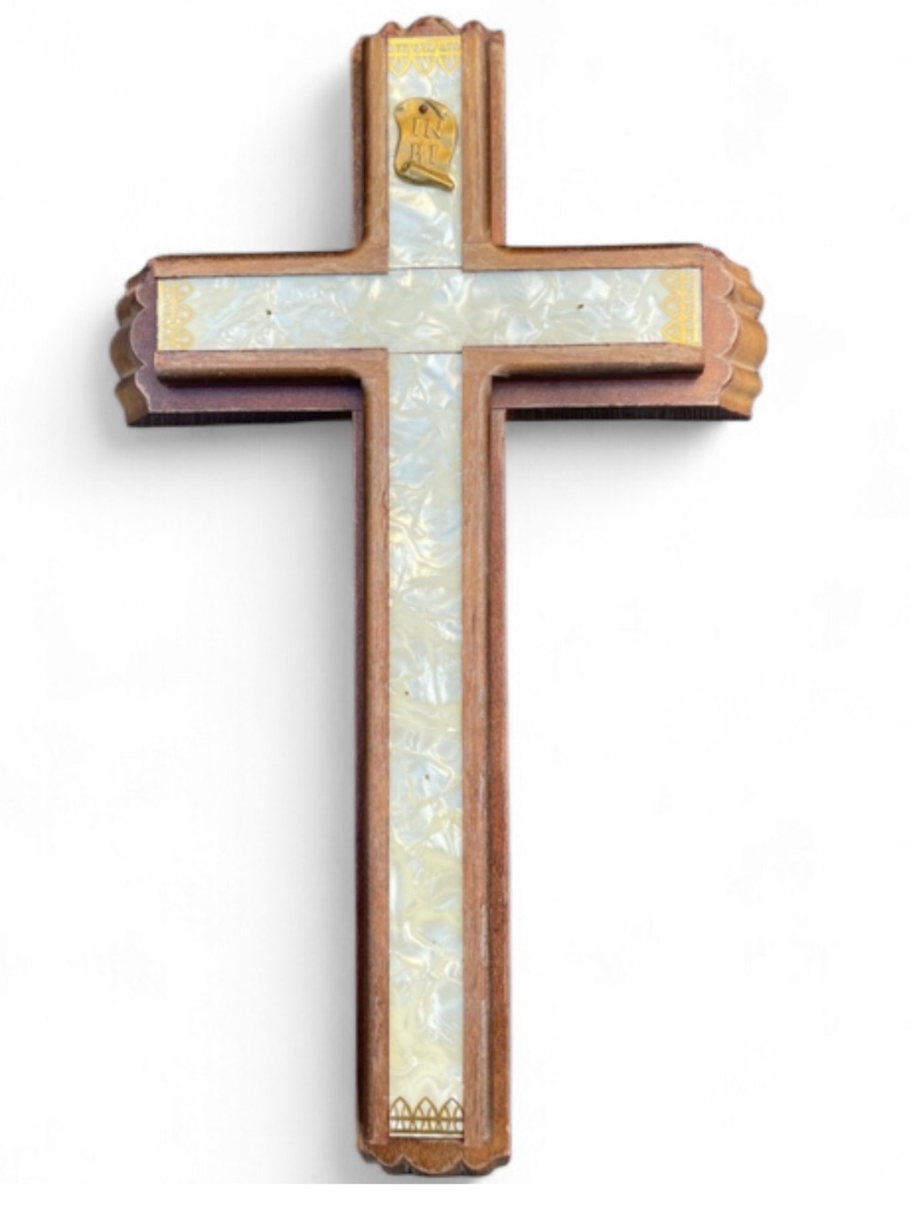 Vintage Wooden Cross with Mother of Pearl Inlay and Hidden Compartment